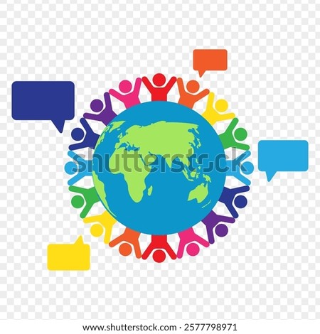 Vector illustration of globe with people and speech bubbles on transparent background