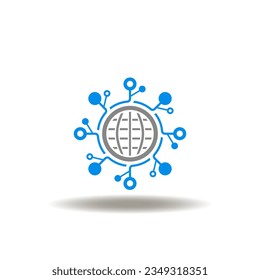 Vector illustration of globe planet with network or flowchart. Icon of hub network connection. Symbol of web technology. Sign of communication, connection.