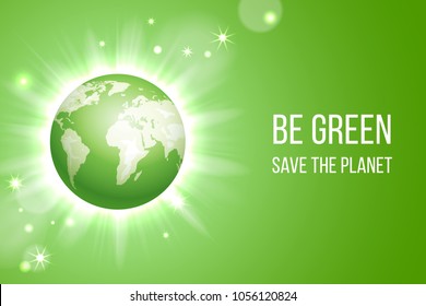 Vector illustration of the globe planet on the flash background. Ecology concept. Green eco earth