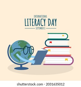 Vector illustration, globe reading a book on a stack of books as a banner, poster or template, International Literacy Day.