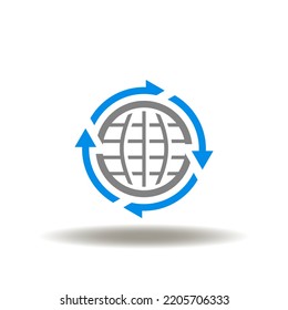 Vector illustration of globe with round arrows. Icon of import and export. Symbol of logistics, shipping, delivery, distribution. Sign of communication internet technology.