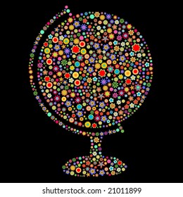 Vector illustration of globe shape  made up a lot of  multicolored small flowers on the black background