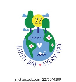 Vector illustration with a globe, trees and flowers. Earth Day