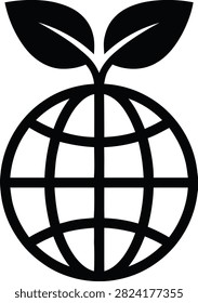 Vector illustration of a globe with two leaves on top, representing environmental sustainability, global ecology, and green earth concept.