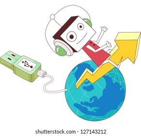 A vector illustration of globe with USB plus and a robot wearing headphones riding an arrow