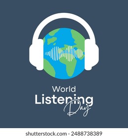 Vector illustration, Globe using headphones on a blue background. World Listening Day Concept, Music Day. suitable for posters, greeting cards, backgrounds and banners. Eps