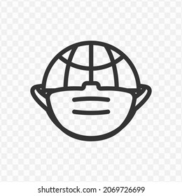 Vector illustration of globe wearing a mask icon in dark color and transparent background(png).