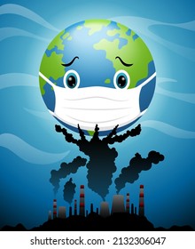 Vector illustration of globe wearing mask with hazardous industry smoke