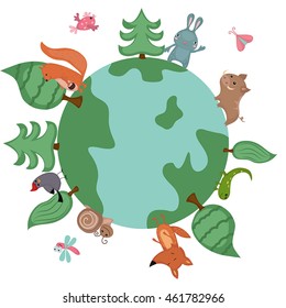 Vector illustration of globe with wild animals and plants.