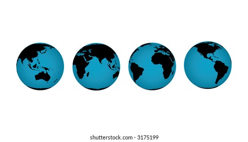 vector illustration of globes of the earth in various rotated views to expose different continents
