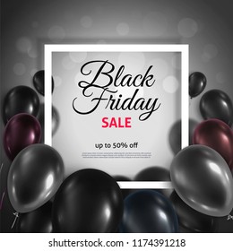 Vector illustration with glossy 3d balloons. Black Friday sale poster, banner.