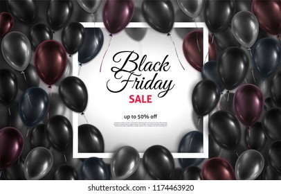 Vector illustration with glossy 3d balloons around square frame. Black Friday sale banner.