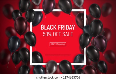 Vector illustration with glossy 3d balloons around square frame on red background. Black Friday sale banner.