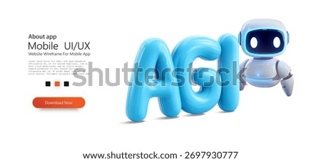 Vector illustration with glossy blue AGI letters and a friendly AI robot character with neon glow, 3D cartoon style, isolated on white for tech branding, app UI, chatbot and innovation themes