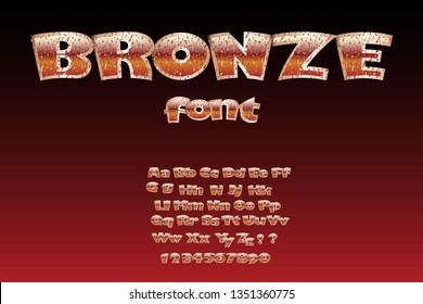  vector illustration of  glossy bronze font, metal typeface isolated on transparent background. Art design luxury metallic typographic abc.