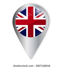 Vector illustration. Glossy button with highlights and shadows. Geo location icon. Flag of the Great Britain. User interface element. Set of souvenir countries.