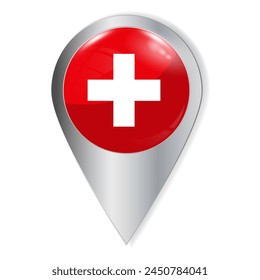 Vector illustration. Glossy button with highlights and shadows. Geographic location icon. Flag of the Switzerland. User interface element. Set of souvenir countries.

