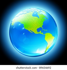 Vector illustration of Glossy Earth Map Globe on dark blue glowing background