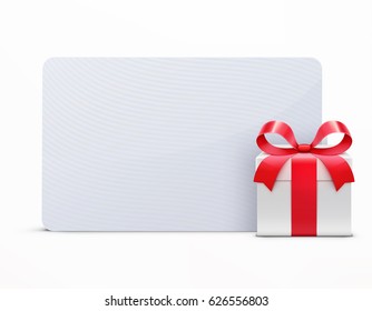 Vector illustration of glossy gift box with red ribbon bow and empty white greeting card isolated on a white background