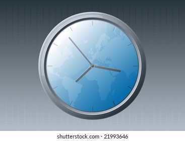 Vector illustration of a glossy glass clock with world map background.