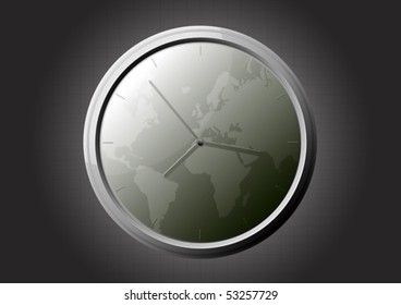 Vector illustration of a glossy glass clock with world map background.