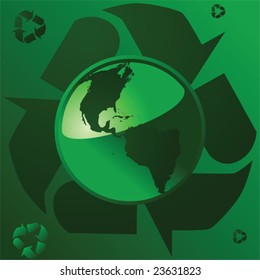 Vector illustration of a glossy green Earth over the recycling symbol