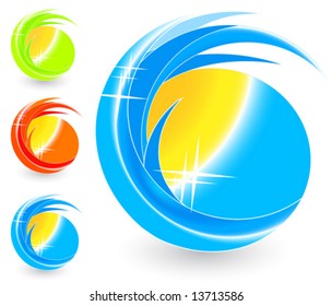 Vector illustration of glossy nature theme icons. Fire, water and flora symbols.