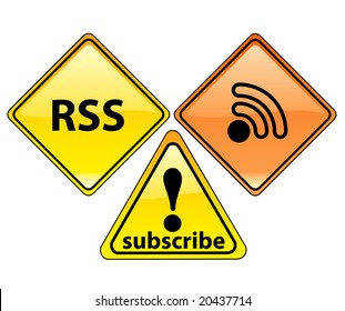 Vector illustration. Glossy pack of warning signs isolated on a white background. RSS