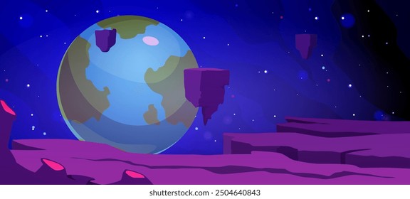 Vector illustration of a glossy planet with green and blue elements and a stone surface on a background of stars. The space scene is perfect for gameplay