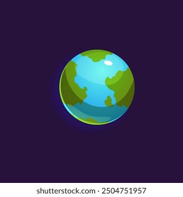 Ilustración vectorial de un planeta brillante con Elementos verdes y azules sobre un fondo púrpura. El objeto espacial es ideal para el juego en un estilo de dibujos animados brillante