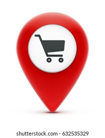 Vector illustration of glossy red map location pointer icon with shopping cart icon