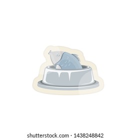 Vector illustration. Glossy sticker. Fish in a bowl. The template for the goods pet shop, pet food. Decoration. Symbol, sign, emblem, logo, label. Isolated elements on white background.