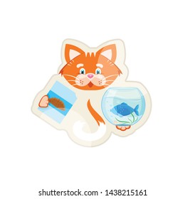 Vector illustration. Glossy sticker. Orange cat with a box of fish food. Cartoon character. Printing on goods for pet store, Fish food, the concept of an advertising logo. Badge, symbol, emblem, label