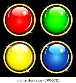 Vector illustration of glossy web buttons in red, green, yellow and blue, with a gold surround isolated on black