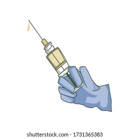 Vector illustration with gloved hand holding syringe isolated