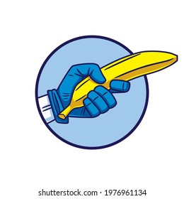 Vector illustration of a gloved hand holding a banana like a gun, with border lines and blue tones, framed in a circular shape, to use like logo graphic element or similar thing.