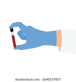 Vector illustration of a gloved hand holding a red blood test tube. Medical precision, safety and diagnostic laboratory procedures. Isolated on white background