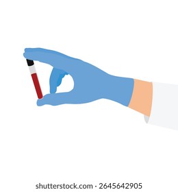Ilustración vectorial de una mano enguantada sosteniendo una sonda de sangre roja. Procedimientos de laboratorio de precisión médica, seguridad y diagnóstico. Aislado en el fondo blanco