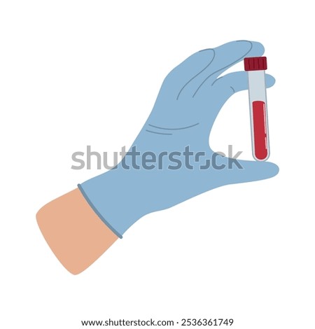 Vector illustration of a gloved hand holding a test tube filled with blood, symbolizing laboratory work, medical analysis, and healthcare diagnostics