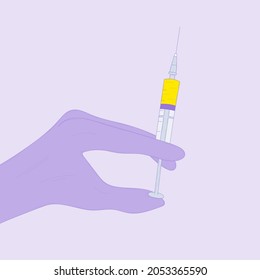 Vector illustration of a gloved hand with an injection of covid-19 vaccine