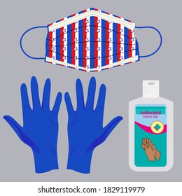 Vector illustration of gloves, antibacterial hand gel and stars and stripes face mask. Covid 19 protection kit. Separate elements isolated on grey background. Sign, information, poster, editorial etc.