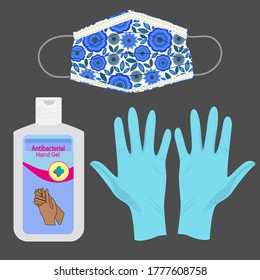 Vektorgrafik von Handschuhen, Handsanisierer-Gel und Modegesichtsmaske. Einzige Elemente für den Schutz von Coronavirus. Unterschreiben, Plakat, Merkblatt, Infografiken, Werbung. Covid 19 Reisesicherheitskit.