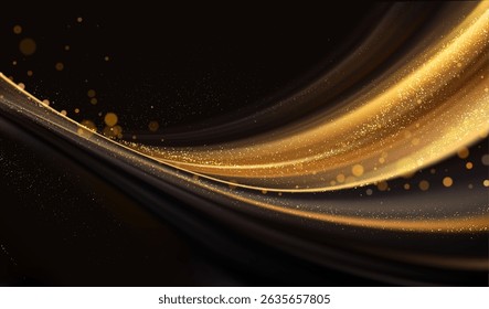 Vector Illustration of a Glowing Abstract Gold Wavy Background with Glittering Particles Over a Dark Gradient, Suitable for Elegant and Luxurious Design Projects