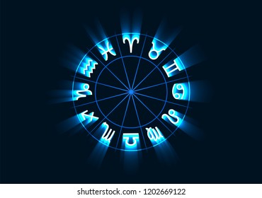 Vector illustration of glowing astrology zodiac signs in circle.