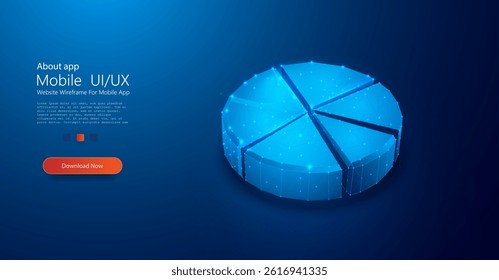 Vector illustration of glowing blue 3D pie chart sliced into five segments, polygon mesh and light points create futuristic HUD data visualization on dark gradient background.