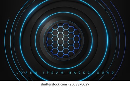 Ilustración vectorial de líneas de curva azul brillante y patrones circulares Fondo negro futurista geométrico digital, tarjeta, cubierta y Fondo de pantalla de concepto de tecnología. 