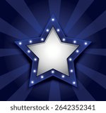 Vector illustration of glowing blue star on bright background with place for text. Element of show, badge, ceremony, movie poster or award. Bright neon style for banners and design