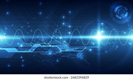 Vector illustration of a glowing blue waveform signal and abstract digital circuit on a futuristic technology background, representing data, innovation, science, and high-tech communication systems.