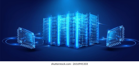Vector illustration of glowing blue wireframe data-center racks linked to two microchips, futuristic neon HUD scene symbolizing high-performance AI computing, cloud storage and digital infrastructure.