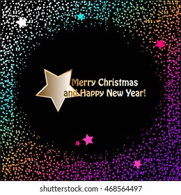 Vector illustration of Glowing, bright, multicolored stars on a black background.